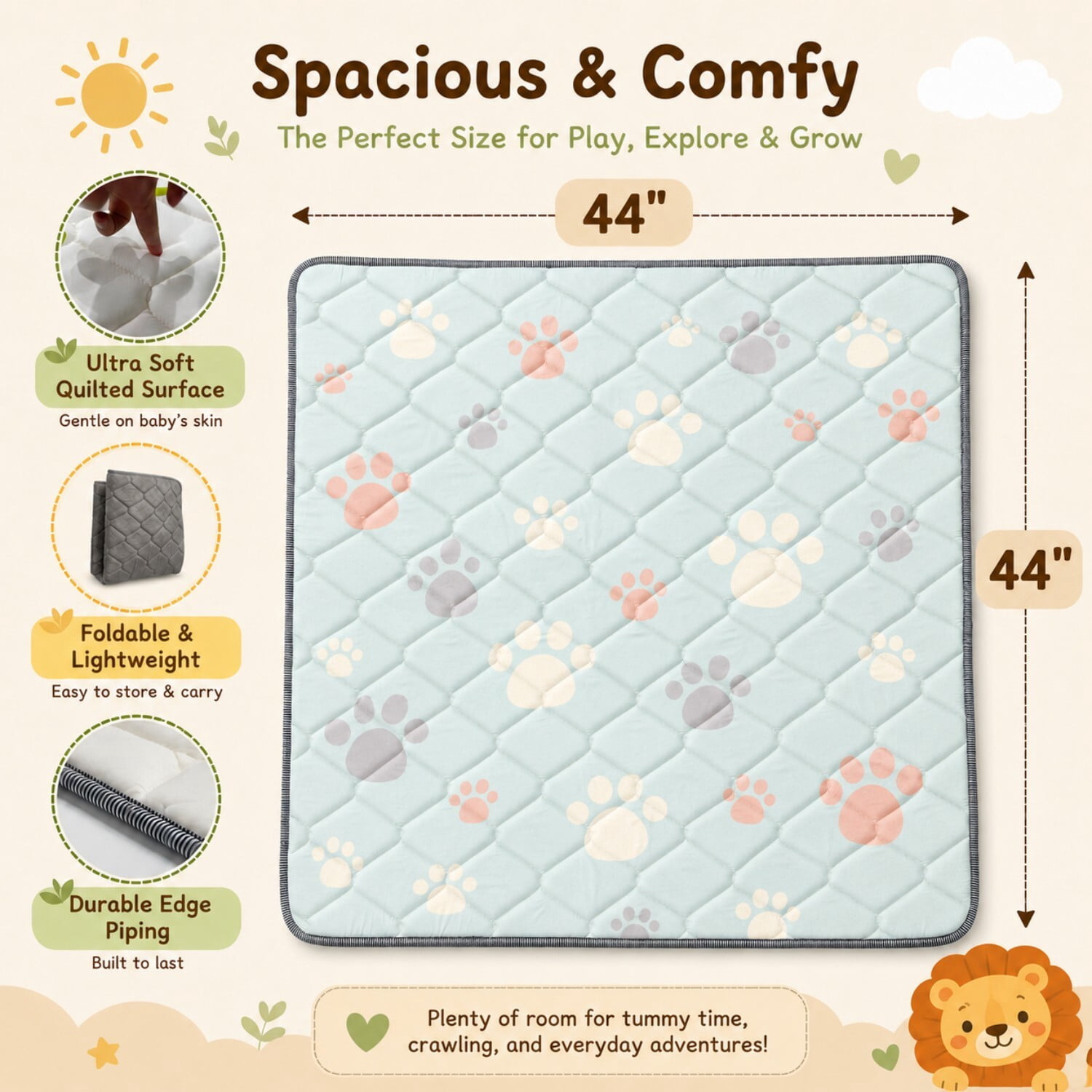 Easy4Home Foldable Baby Play Mat,44"x44" Non-Slip Thick Foam Crawling Mat Machine Washable Playpen Mat for Infants & Toddlers