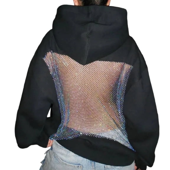 Crystal Mesh Back Hoodie Oversized Sweatshirts Long Sleeve Pullover Sweater