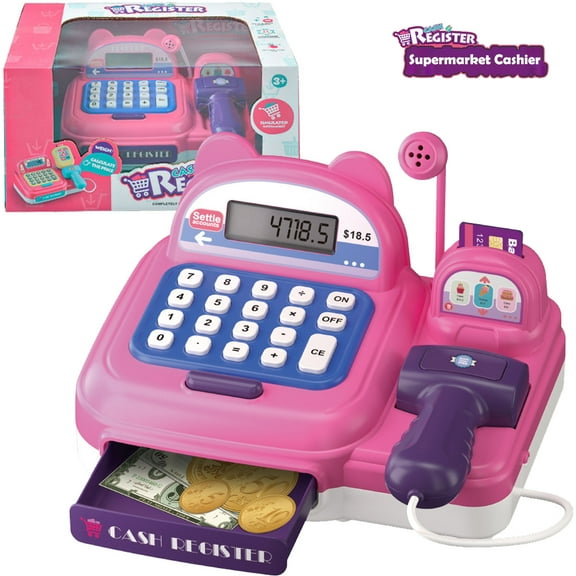 Toy Cash Register for Kids Boys Girls, Pretend Play Pink Cashier Educational Learning Preschool Gift to Baby and Toddler Toys Ages 3 4 5 