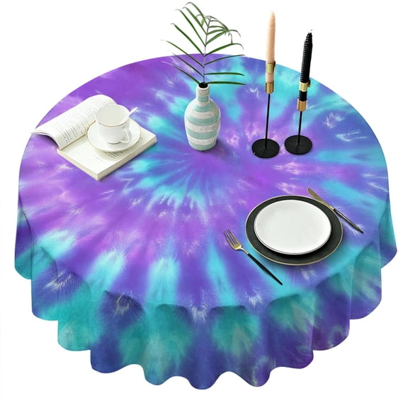 Purple Blue Tie Dye Pattern Round Tablecloth 60"x60",Wrinkle Wipeable Table Cloth for Kitchen Dining Room Picnic Patio Party
