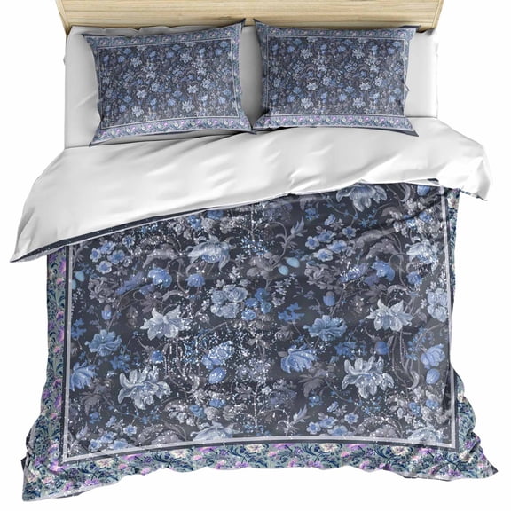 Navy Blue Floral Boho Bedding 3 Piece Duvet Cover Set California King, Ethnic Tribe Abstract Art Flower Microfiber Comforter Cover with Zipper Closure & Pillowcases, FadeResistant Quilt Cover