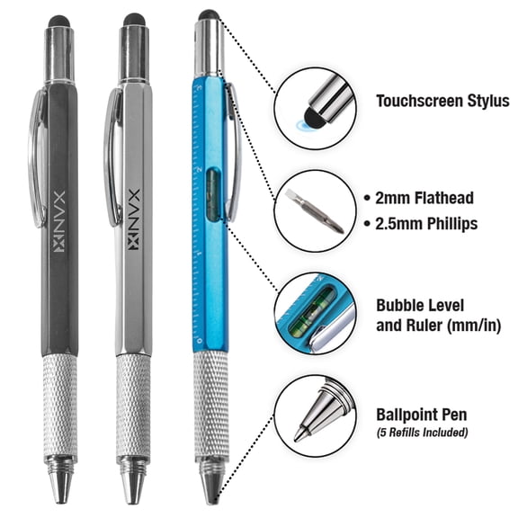 NVX NAPEN3PK 6 in 1 Multifunction Tool Pen with 5 Refills - 3 Pack Black | Blue | Silver