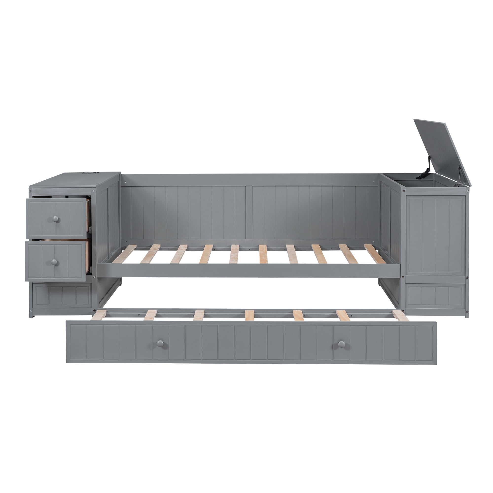 Euroco Wood Twin Size Daybed with Trundle, Storage Cabinets with Shelves and Drawers, Charging Station Sofa Bed, Gray