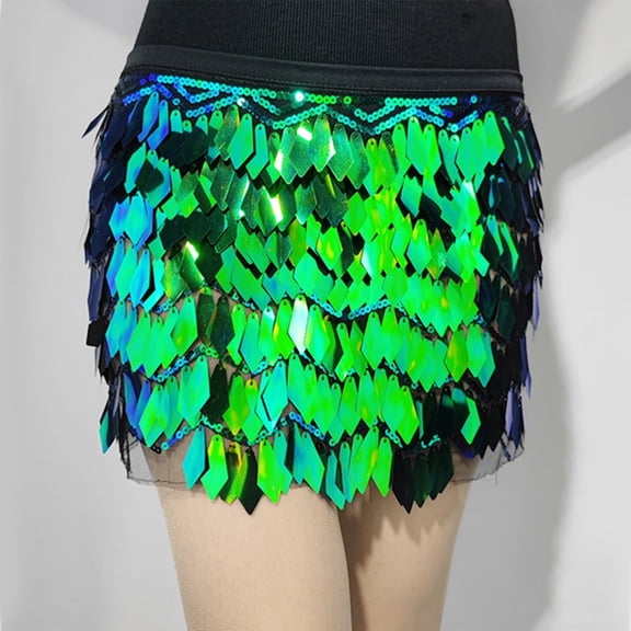 LNZGNM Mardi Gras Womens Sequin Skirt Stretchy Shine Multi-Colour Mini Skirt Carnival Sexy Wrap Bodycon Lightweight Streetwear for Holiday, Green, One Size