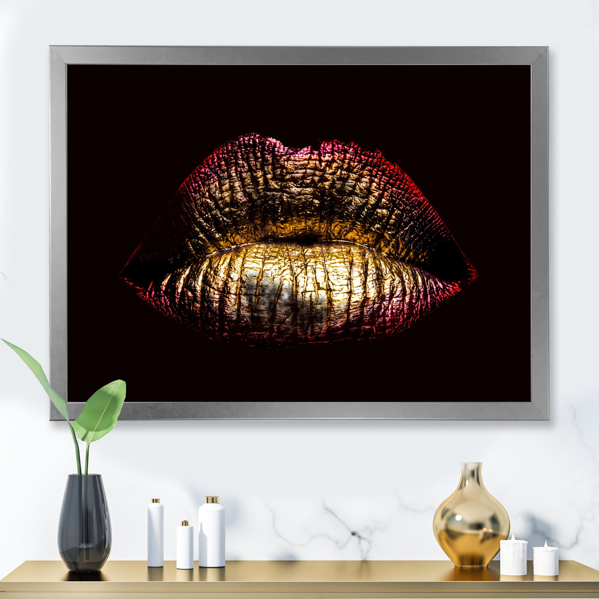 Designart 'Sexy Golden Metallized Woman Lips IV' Modern Framed Art Print