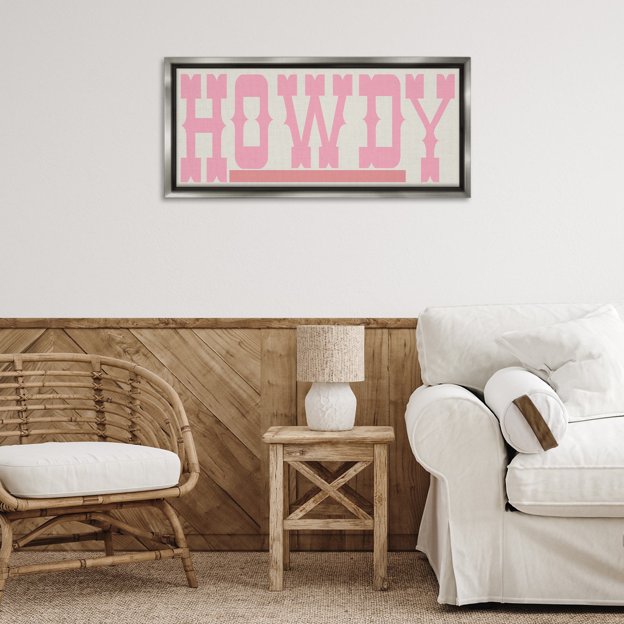 Stupell Industries Howdy Pink Text Typography Painting Gray Floater Framed Canvas Art Print Wall Art, 31 x 14