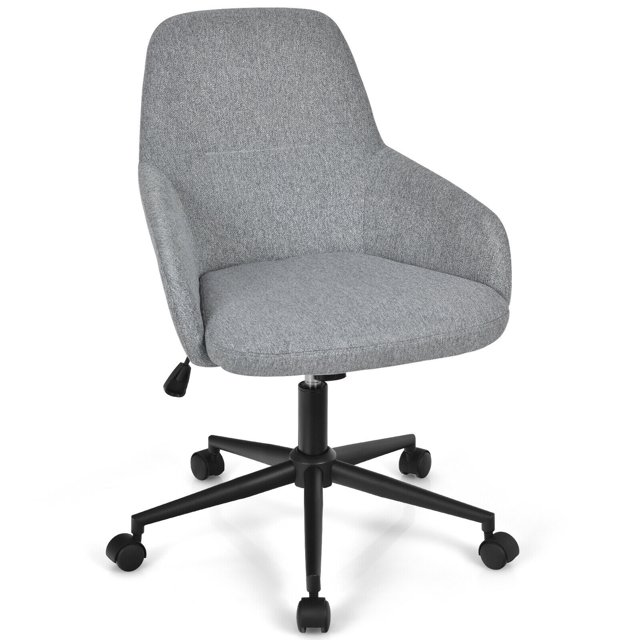 Gymax Chaise de Bureau d'Appoint en Lin, Chaise de Travail Pivotante à Roulettes Réglable avec Accoudoirs