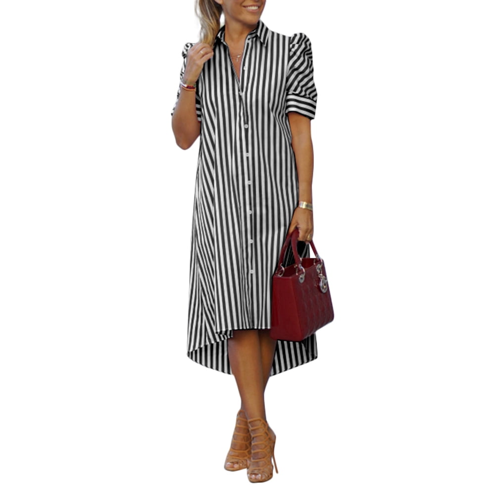 ZANZEA ZANZEA Women Casual Stripe Printed High Low Short Sleeve Shirt