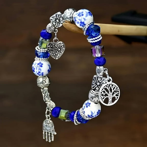 New Chinese Ethnic Style Blue And White Porcelain Natural Stone Tree Of Life Jewelry Bracelet Women's Crystal Ceramic Bracelet Ideal Gift For Couples To Celebrate Festivals,Silver