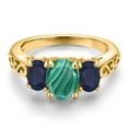 thumbnail image 3 of Gem Stone King 18K Yellow Gold Plated Silver Green Malachite and Blue Sapphire Filigree Style 3 Stone Ring for Women (3.11 Cttw, Oval 8X6MM and 6X4MM, Size 7) (Size 7), 3 of 6