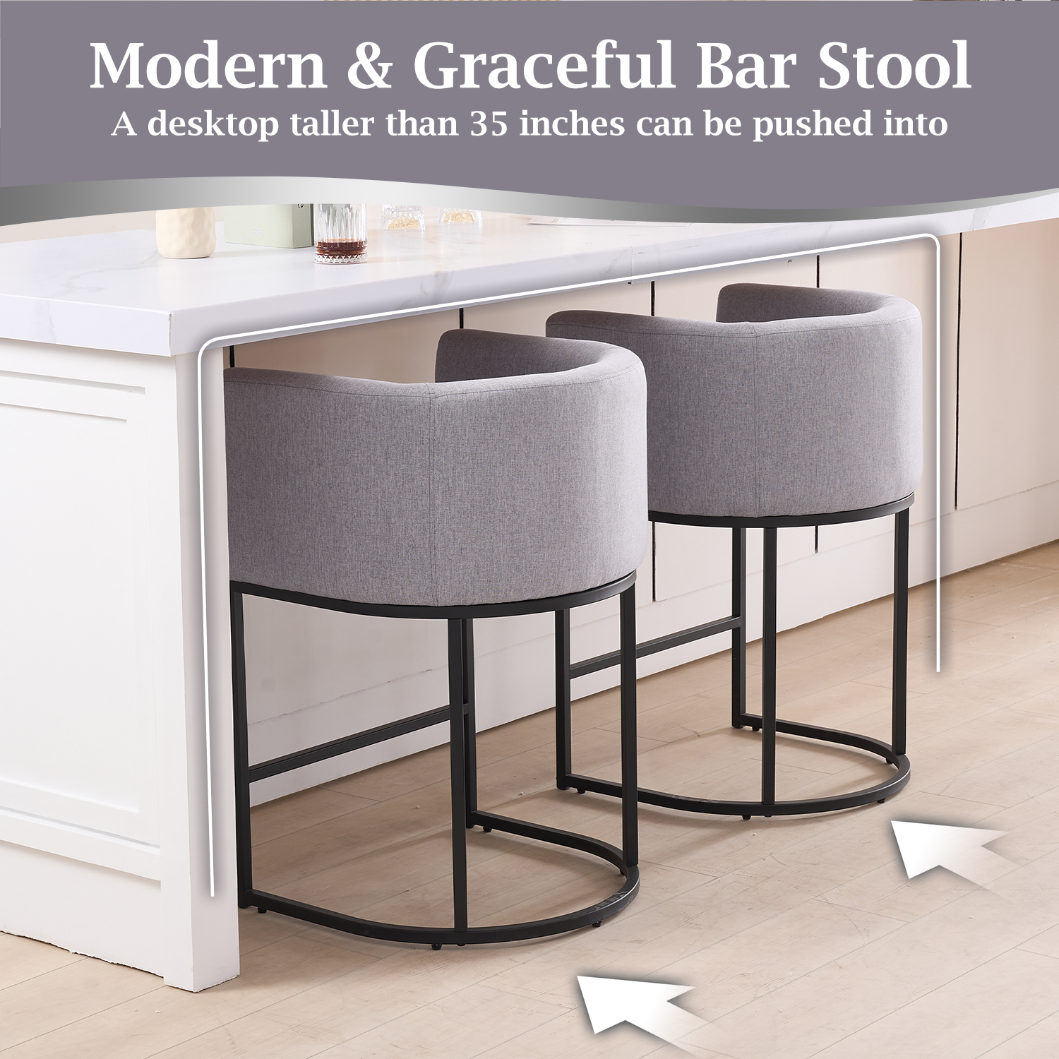 FANCROU 26" H Counter Height Bar Stools Set of 4, Fabric Barrel Stools with Back and Arms, Lightgrey-Black Leg