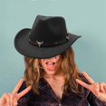 thumbnail image 5 of Men and Women Black Straw Cowboy Hat with Wide Brim Chin Strap and Bull Decoration Similar to Others but Different in Color, 5 of 5