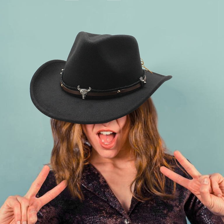 Men and Women Black Straw Cowboy Hat with Wide Brim Chin  display picture 1