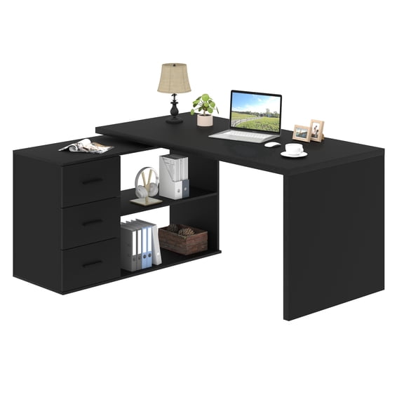 Paasyonmate Expandable Computer Desk, 55 inch L Shaped Office Desk with Drawers Shelves