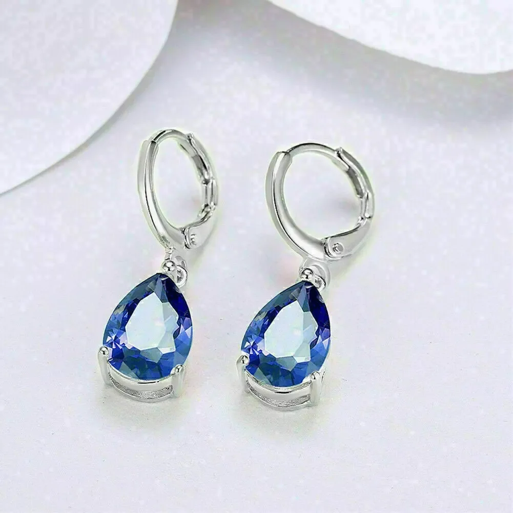 4.00 Ct Pear Cut Cubic Zirconia Sapphire Drop Dangle Earrings in 14K White Gold Plated Sterling Silver – Elegant Women's Jewelry