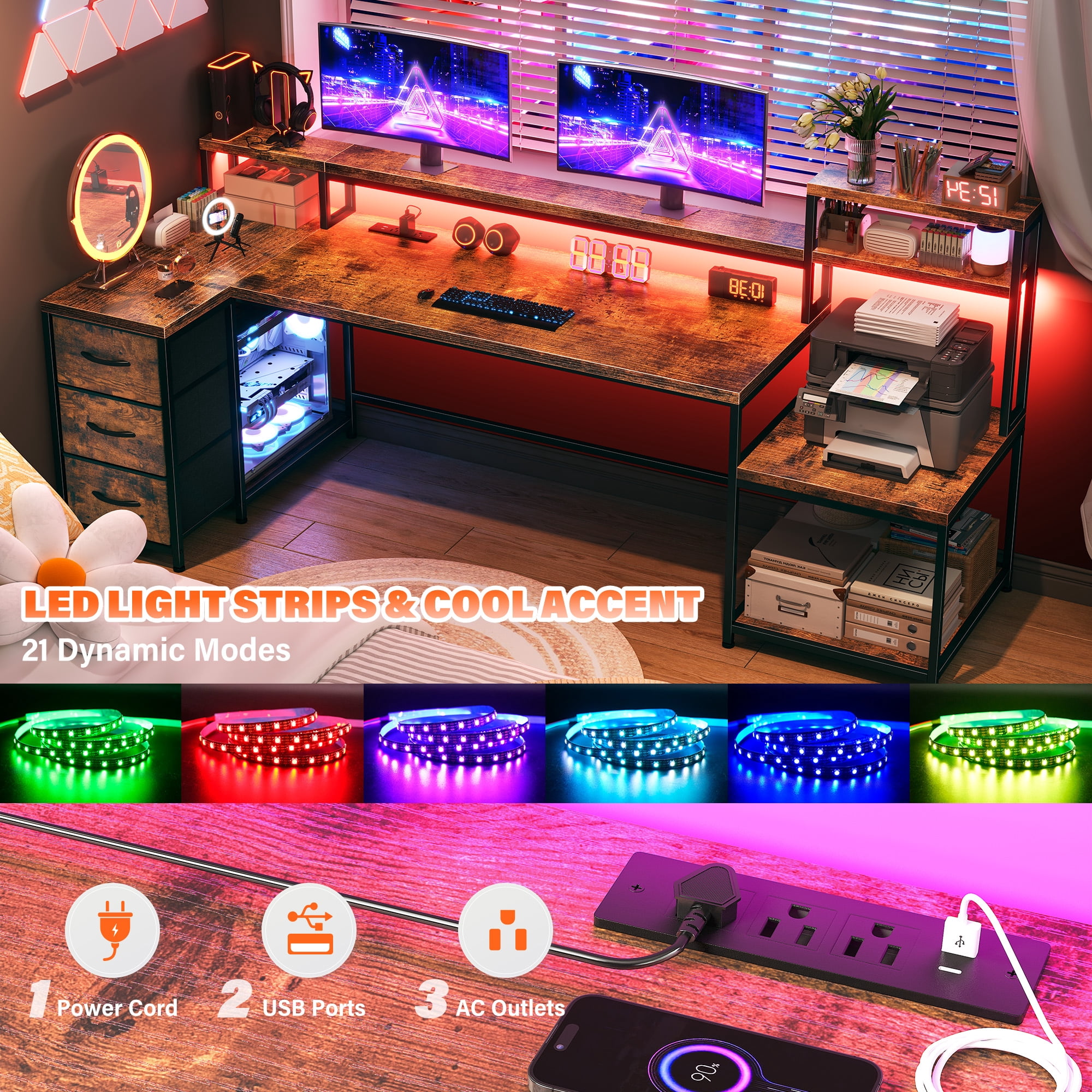 EnHomee 70.9" L Shaped Gaming Desk with Drawers, Computer Desk with Power Outlet & LED Lights, Home Office Desk, Rustic Brown