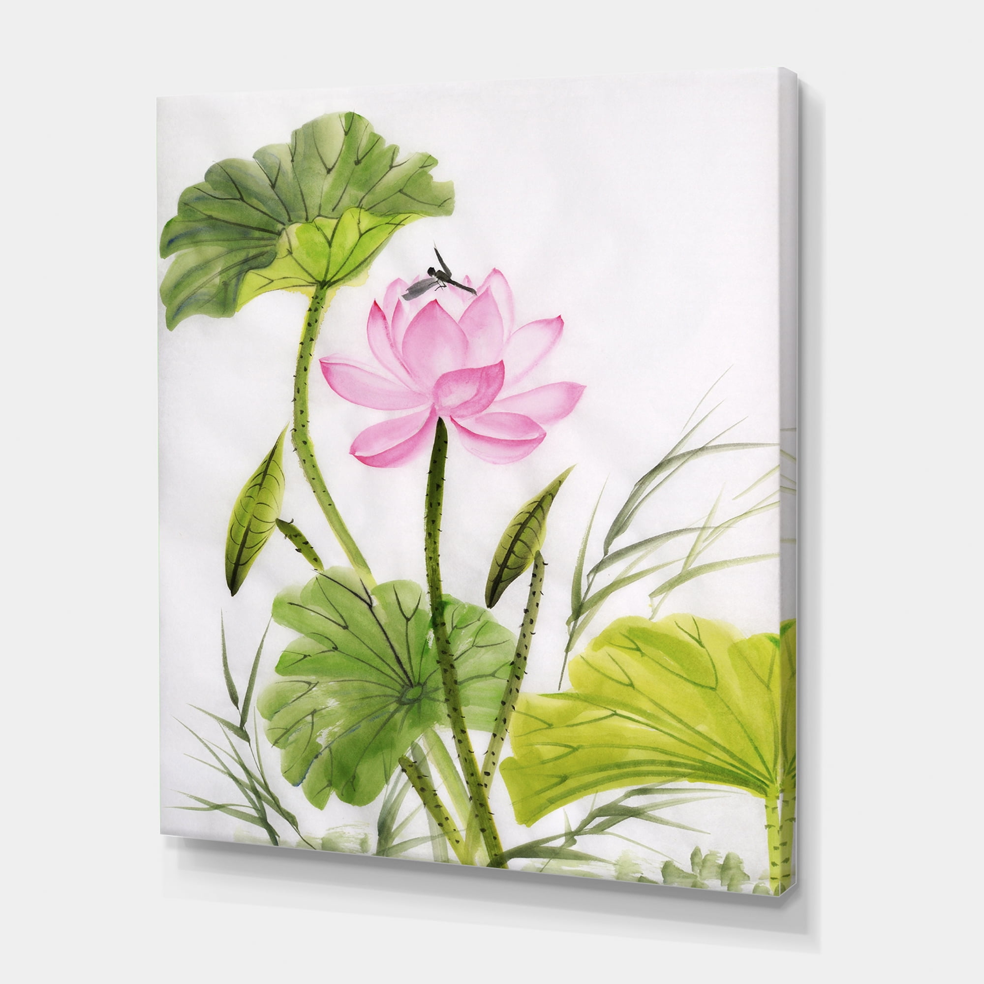 Designart ' Single Vintage Pink Lotus Flower With Green Leaves ' Traditional Canvas Wall Art Print