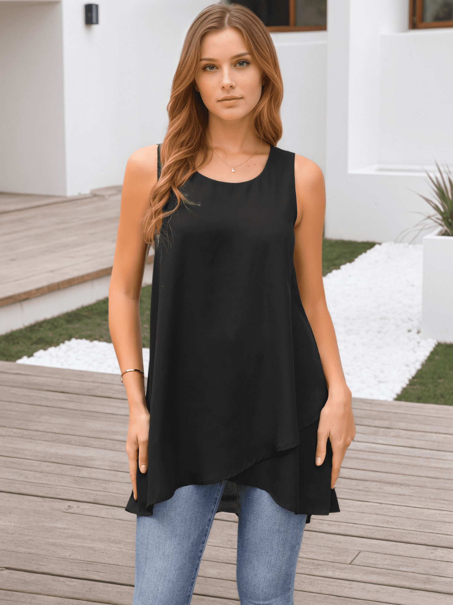 DARING DIVA Women's High Low Casual Sleeveless Chiffon Blouse Asymmetrical L Black