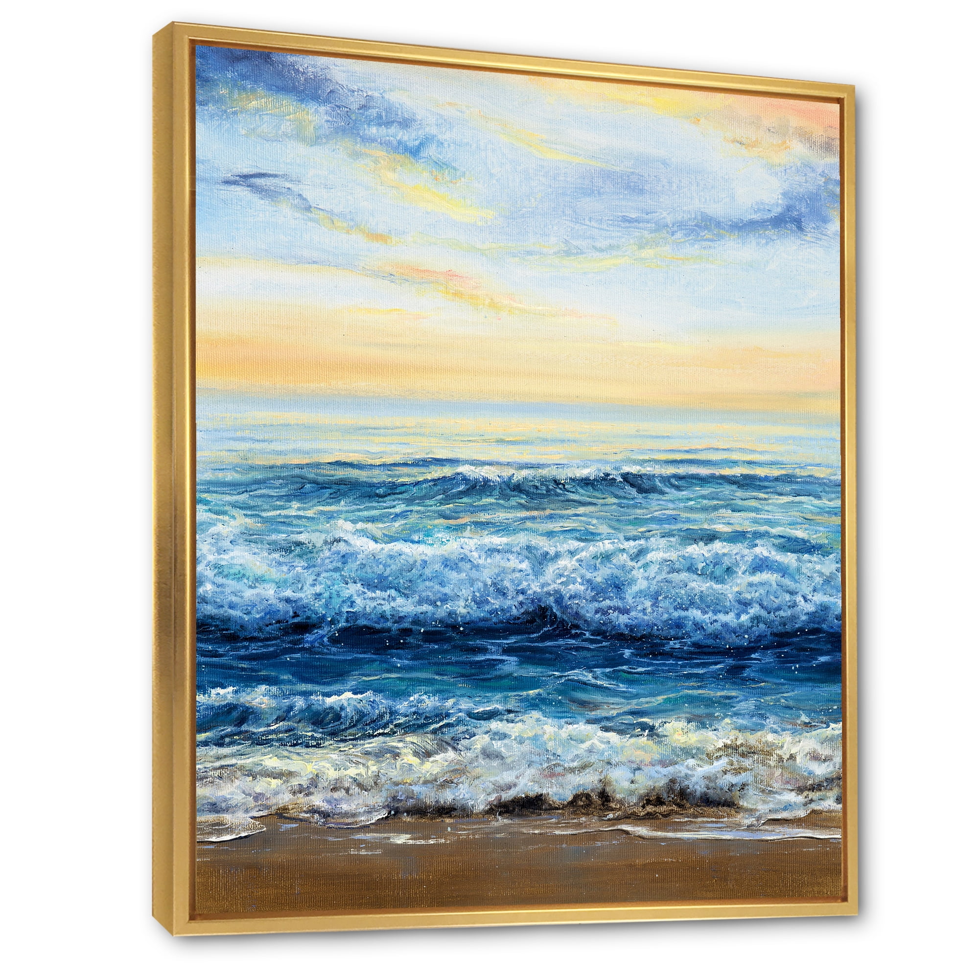 Ocean Waves At Sunrise 16 in x 32 in Framed Photography Canvas Art Print, by Designart