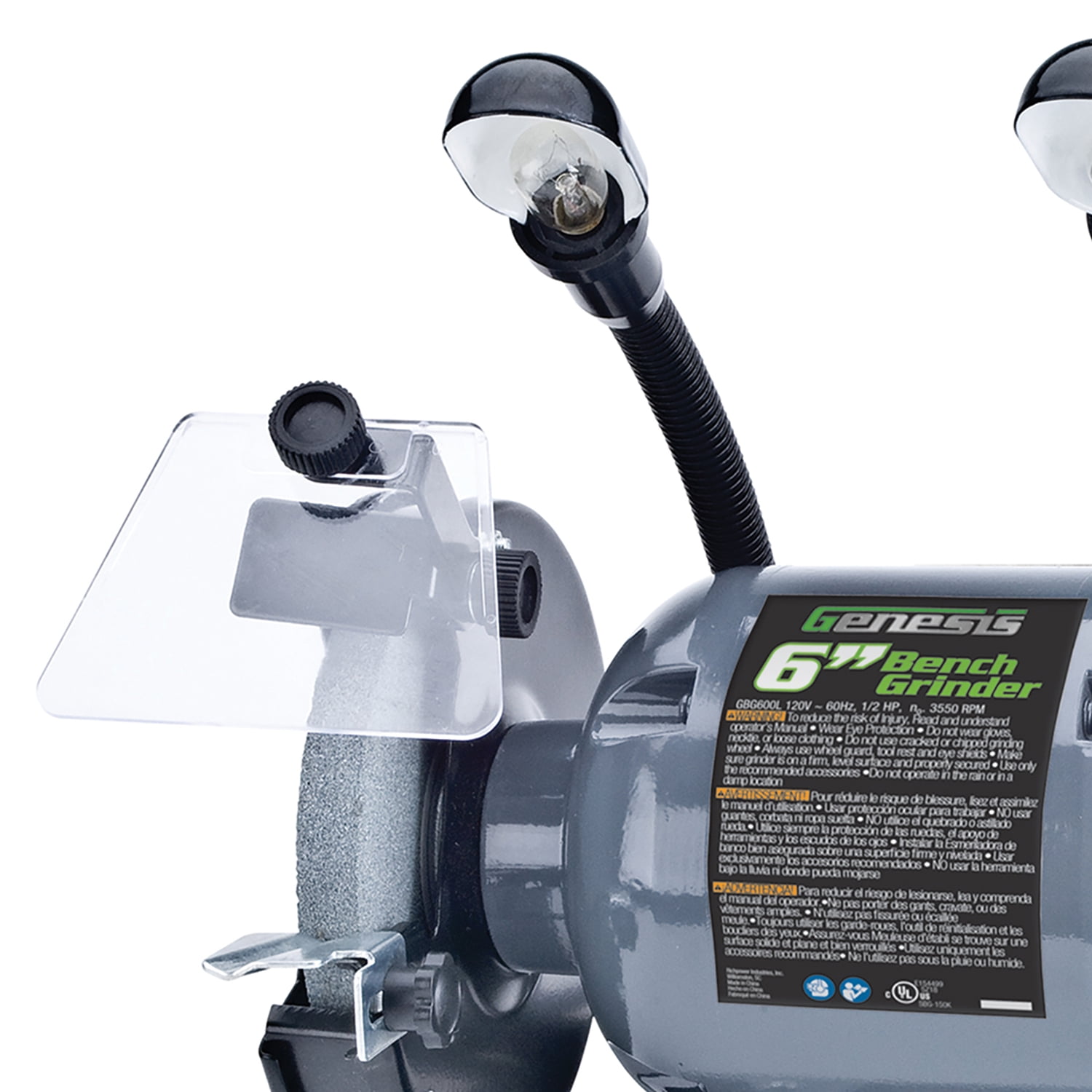 Genesis GBG600L 1/2-HP 6-Inch Bench Grinder with Grinding wheels, Lights and Eye Shields, 2 Year Warranty