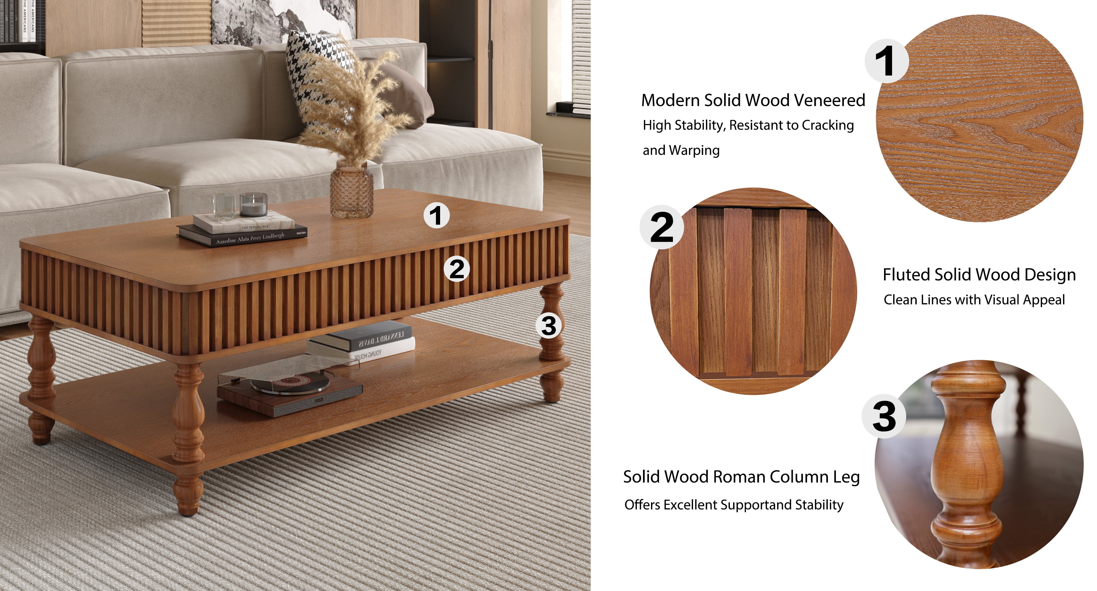 47.24" Lift Top Coffee Table with Hidden Storage and Open Shelf, Solid Wood Center Table with Fluted Design & Roman Column Legs, Tool-Free Assembly for Living Room, Vintage Brown