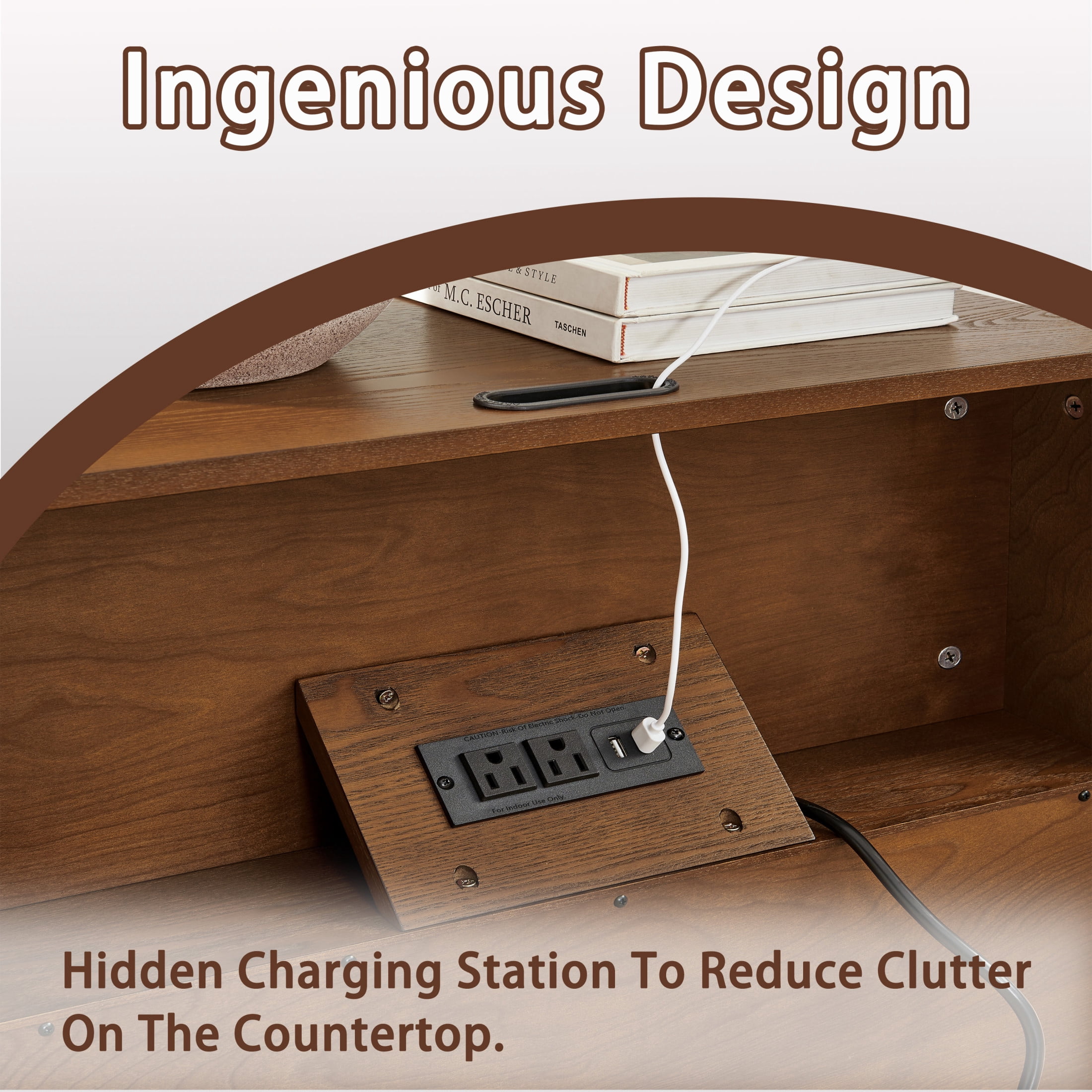 GDF Studio 23.4" Grille Slat Nightstand with Charging Station, Drawer & Open Shelf, Walnut