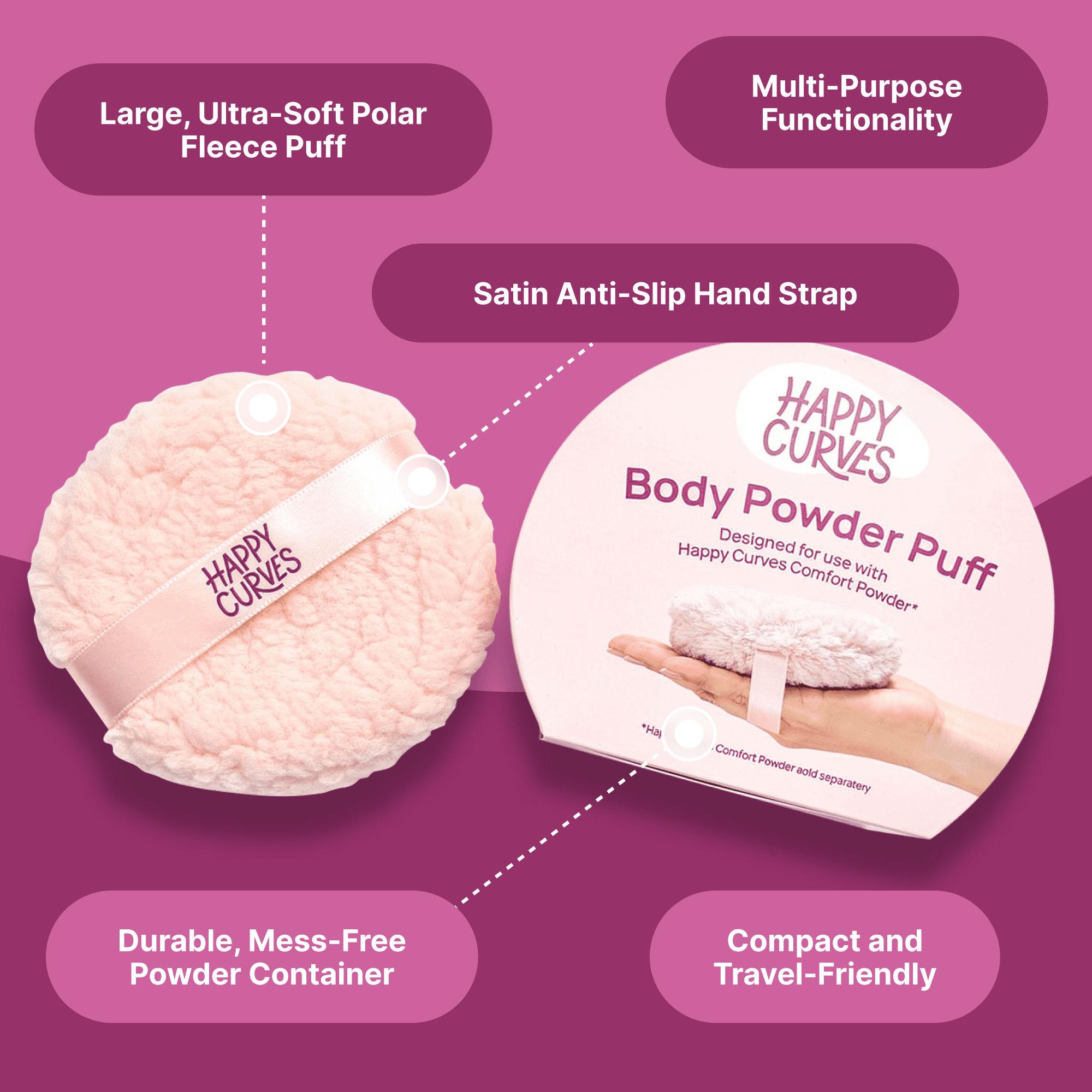 Happy Curves Dusting Powder Body Applicator Puff With Satin Strap