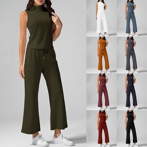 Hpapadks Womens Loungewear Set Summer 2 Piece Outfits Solid Mock Neck Sleeveless Tank Top Wide Leg Pants Tracksuits for Women Set
