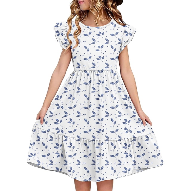 Robe d'Été pour Femme Wo-Fusoul, Robe Décontractée à Manches à Volants à Double Couche et Col Rond, Tissu Extensible Doux pour le Quotidien
