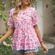 thumbnail image 2 of Bienvenido Blusa de manga corta con cuello redondo para mujer, elegante, informal, con estampado floral, blusa rosa L, 2 of 6
