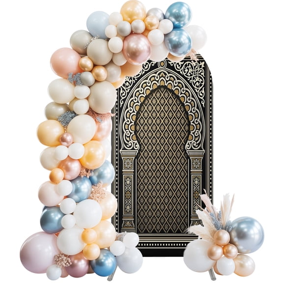 Arch Backdrop 6 Ft, Boho Archway Spandex Stretch Fitted Arch Cover, Round Top Chiara Arches Stand Backdrop Cover for Wedding Birthday Party Vintage Ethnic Traditional Symmetrical Grid Black