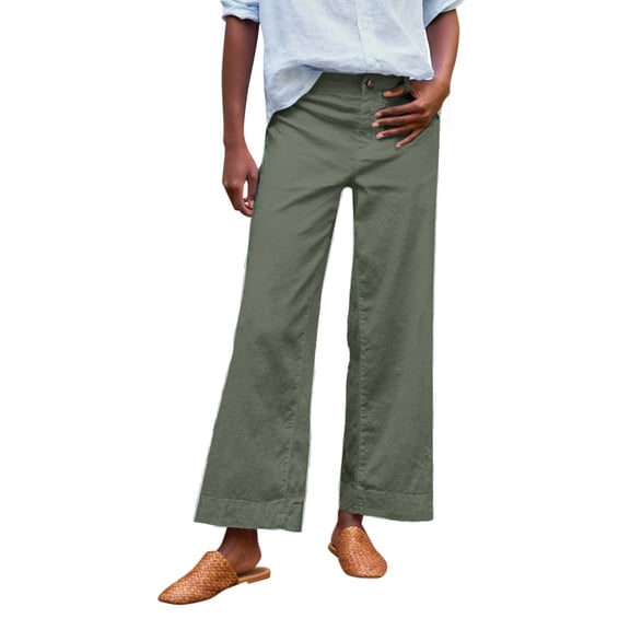 CIENVNSTG Wide Leg Linen Pants Women Cropped Elastic High Waisted Straight Leg Pants Dress Pants Business Casual Comfy Work Pant with Pockets Green L