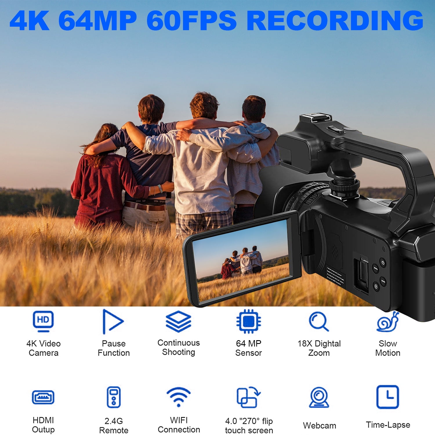 KLIOMAX 4K HD 64MP Video Camera Camcorder for Youtube 60FPS WiFi Vlogging 18X Digital Camera With, Battery, Built in Mic, LED Light, Webcam, Stabilizer Grip, 64GB SD Card, Remote Control, Card Reader