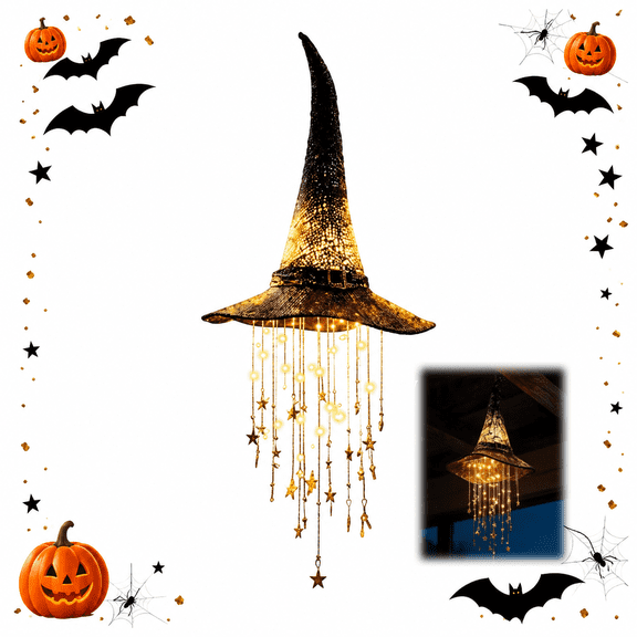 Halloween Lighted Witch Hat Hanging Chime, Glowing Star Tassel Witch Hat Decoration for Porch, Door, Garden & Outdoor Decor