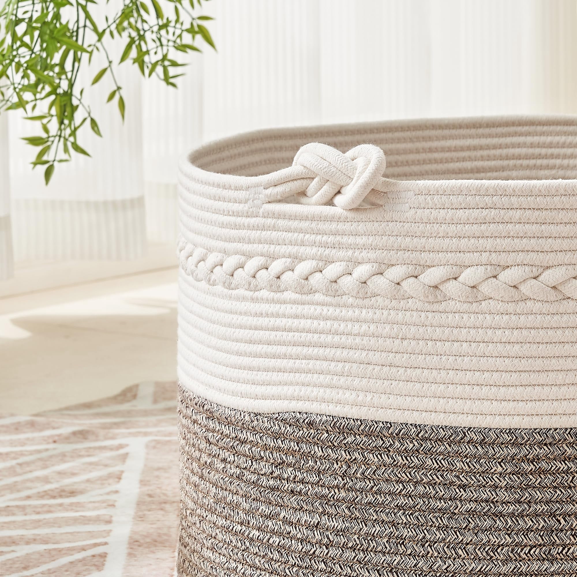 Large Blanket Basket (20"x13"),Woven Baskets for storage Baby Laundry Hamper, Cotton Rope Blanket Basket