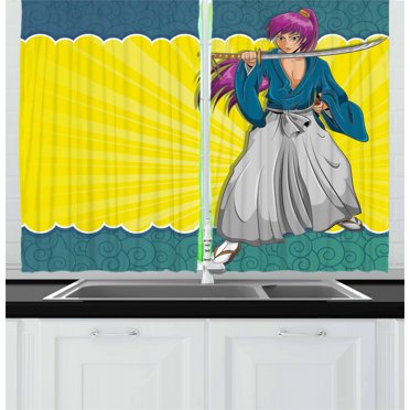 Ambesonne Anime Kitchen Curtains, Manga Style Samurai Girl, 55"x39", Multicolor