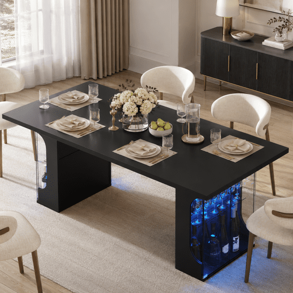 70.8" Dining Table for 4–8 People, with Glass Cabinet Storage & RGB LED Lights, Modern Rectangle Dining Room Table, Ideal for Kitchen, Living Room (Black)