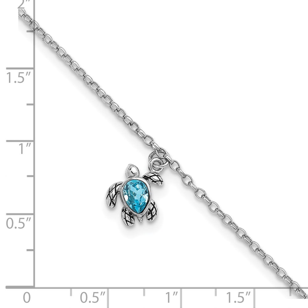 Sterling Silver Rhodium-plated Polished and Antiqued Blue Crystal Turtle 9 inch with an 1 inch Anklet