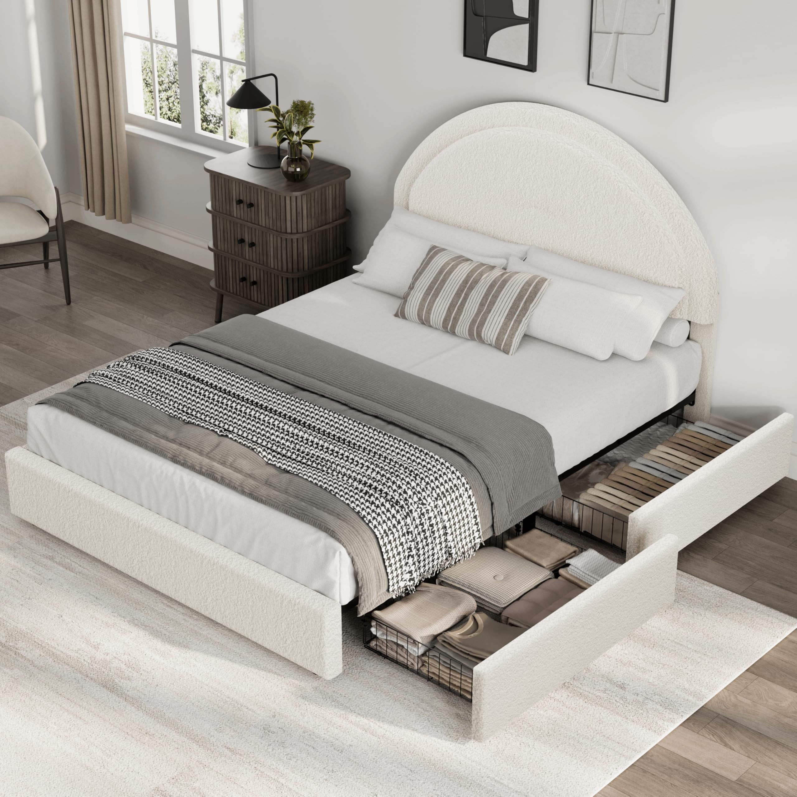 Danolapsi Queen Size Bed Frame with Storage Drawers, Upholstered Boucle Platform Bed with Round Headboard, Heavy Duty & Noise Free, No Box Spring Needed