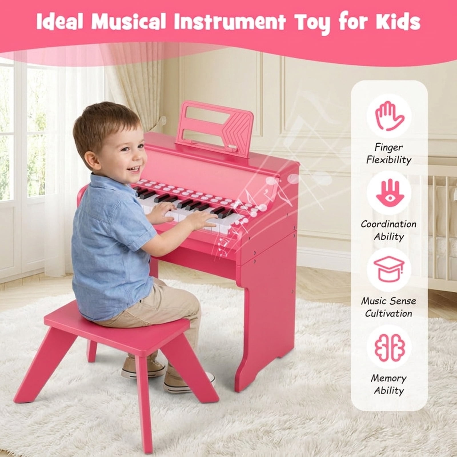 Redsmile 25-Key Kids Mini Digital Piano with Stool, Music Stand and Wooden Cabinet for Toddlers, Pink