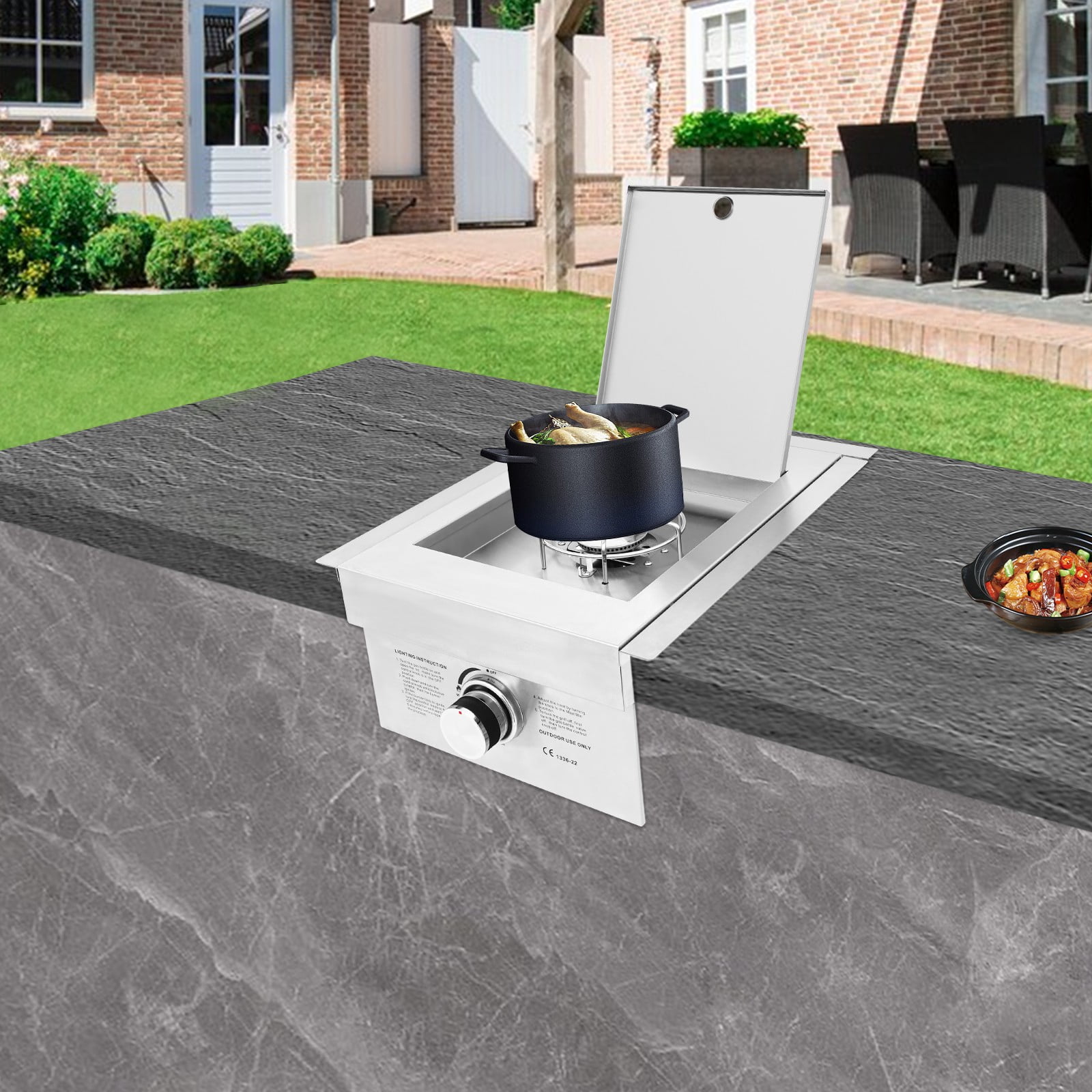 Grilling Side Burners, Propane Gas Stove, 304 Stainless Steel Single Burner Gas Stove with Cover, 3.5KW Output for LPG, Built-in or Countertop Installation, for Outdoor Kitchen, BBQ