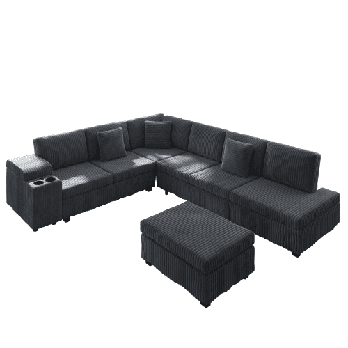 110.2" L-Shaped Convertible Sleeper Sectional Sofa Set with Removable Ottoman, Hidden Armrest Storage, USB & Type-C Charging Ports, Cup Holders, Plush Corduroy, Dark Grey
