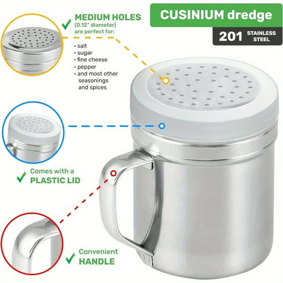 SUGARMOM Stainless Steel Salt & Pepper Shakers with Handles - 10oz Medium Size Seasoning Jars with Holes and Lids for Kitchen Use