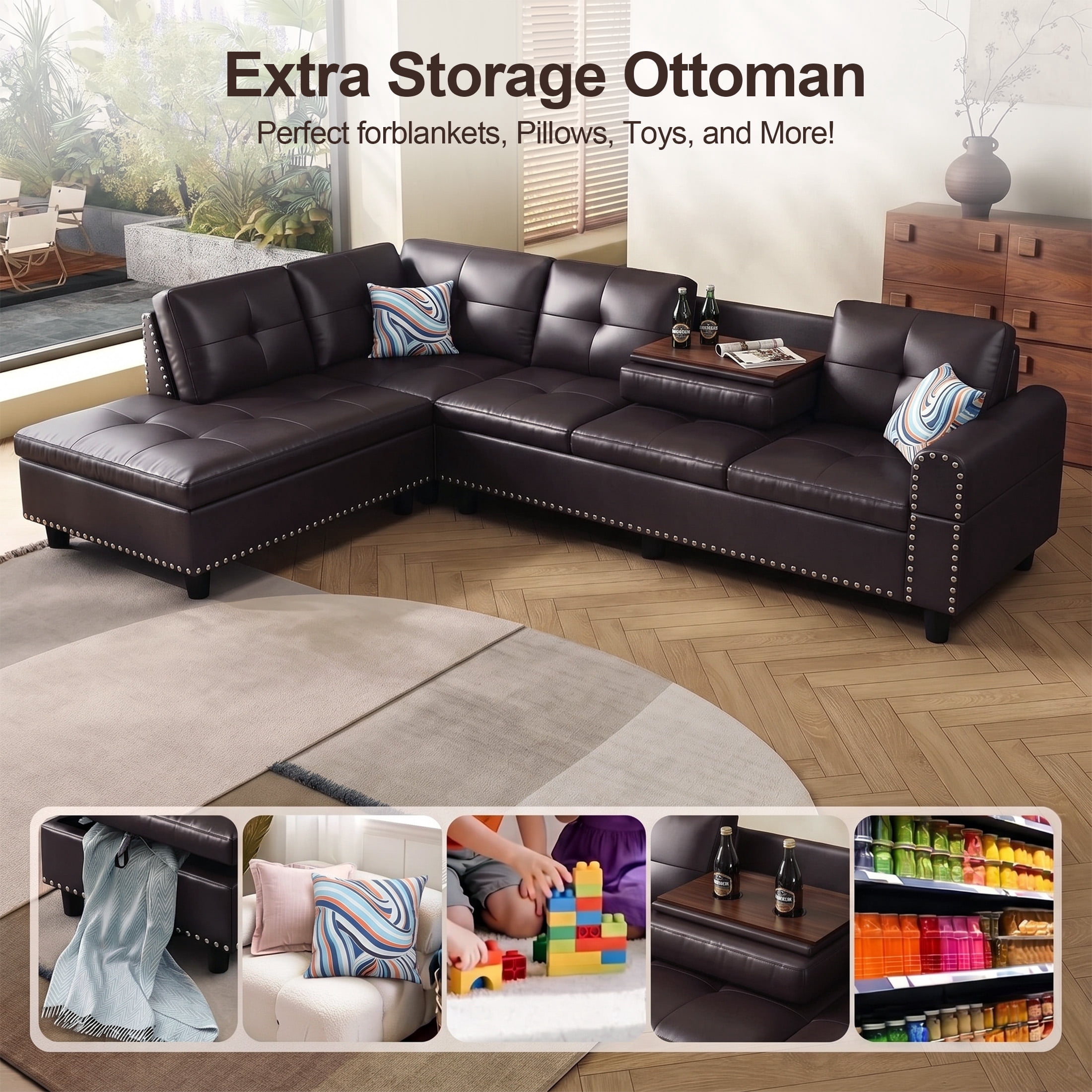 AENKYO 98" L-Shaped Sectional Sofa with Reversible Chaise and Cup Holders, Faux Leather, Brown