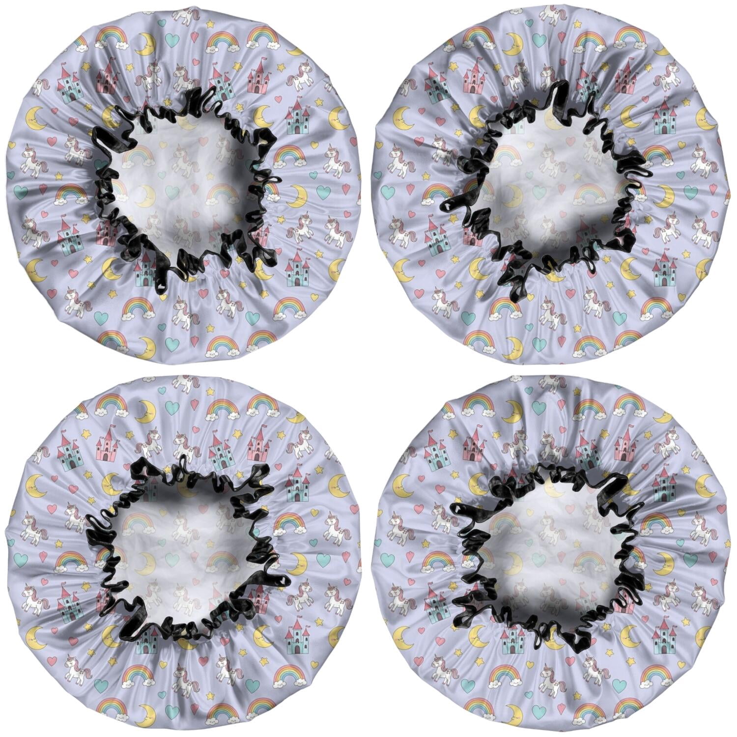 Shower Caps,Purple Cartoon Unicorn Castle Rainbow Moon Heart Waterproof Shower Cap for Women 4 Pieces,Double Reusable Hair Cover for Shower PEVA Elastic Stretch Hem