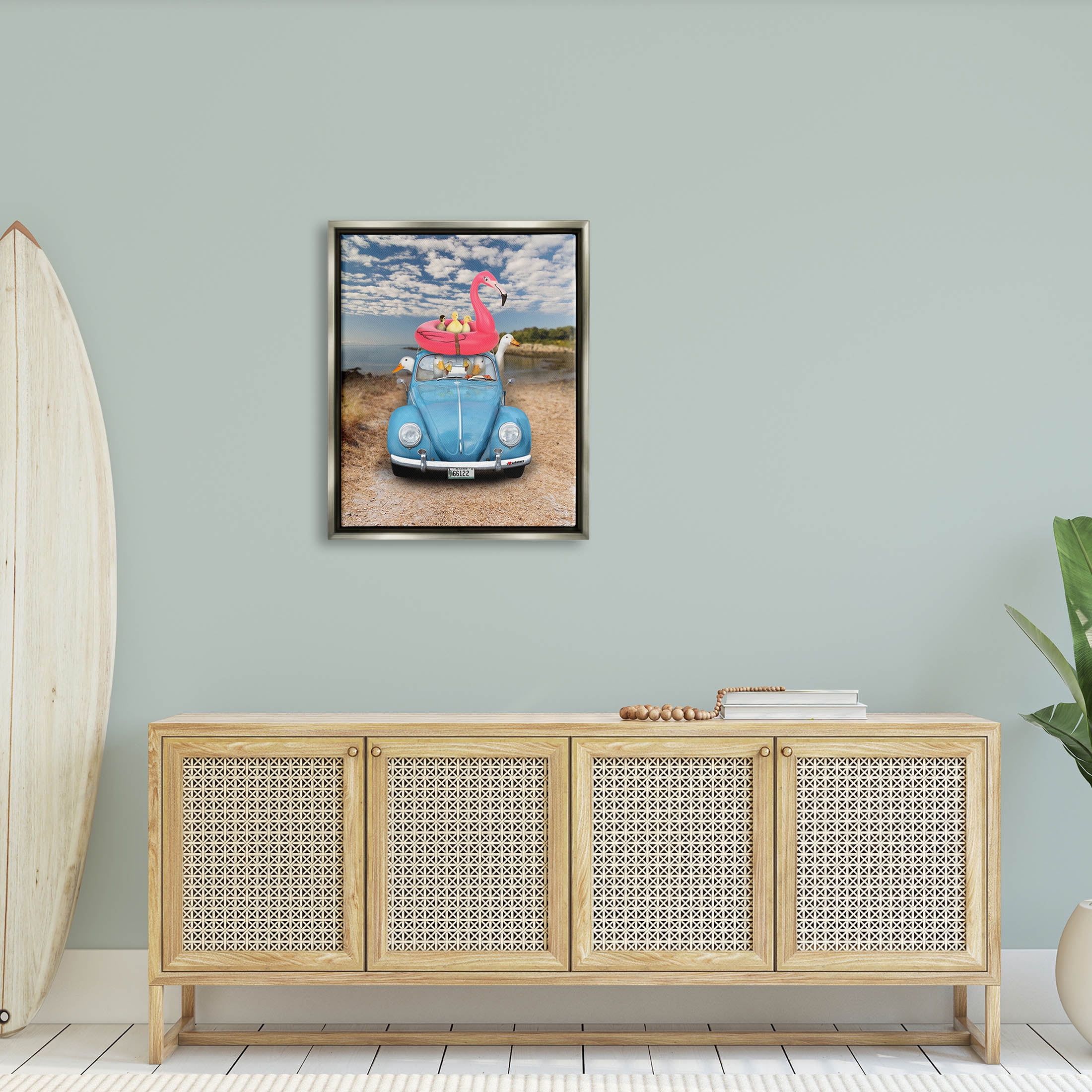 Funny Summer Beach Vacation Geese Animals & Insects Graphic Art Luster Gray Framed Art Print Wall Art