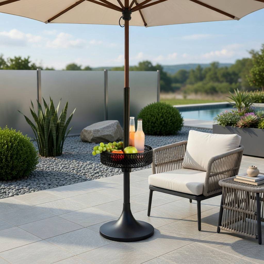 Resenkos Umbrella Base for Patio, Umbrella Stand Outdoor Base,Patio Umbrella Table Tray Adjustable with Storage and Umbrella Poles-Black