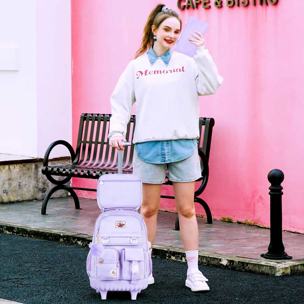 AGSDON Rolling Backpack for Girls Women, 21 inch Roller Wheels School Bookbag, Wheeled Suitcase Backpacks with Lunch Bag for Teen - Purple