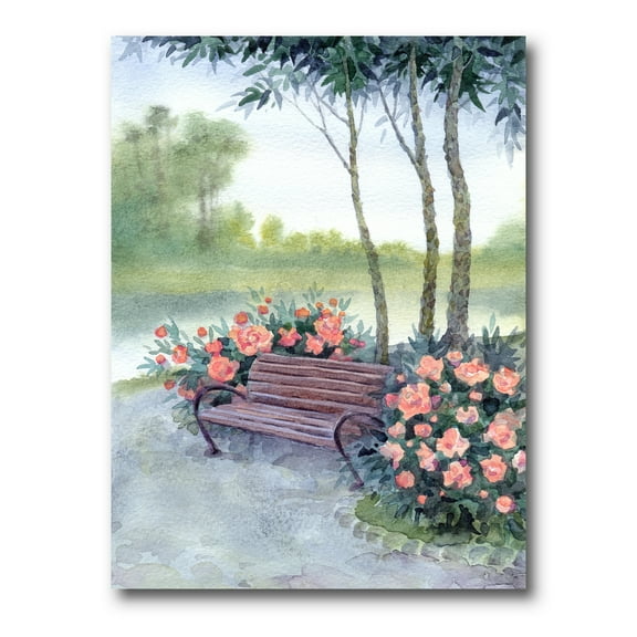 Designart ' Bench In Park By The Pions Flowers Bushes ' Traditional Canvas Wall Art Print