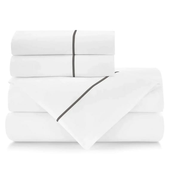 BEDLAM 100% Cotton Percale Sheets Hotel Style Luxurious 400 TC White Cotton Sheets with a Grey Trim 6pcs Cotton Sheet Set Includes 4 Cotton Pillowcases California King 100% Cotton Sheets